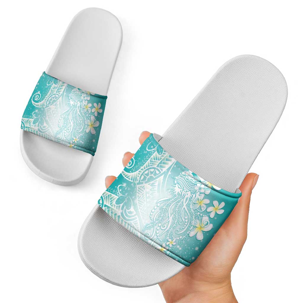 Polynesian Jellyfish Slide Sandals With Plumeria Teal