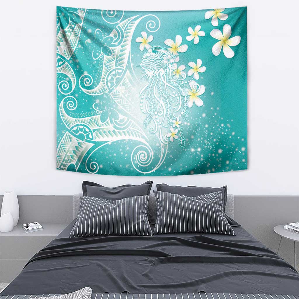 Polynesian Jellyfish Tapestry With Plumeria Teal