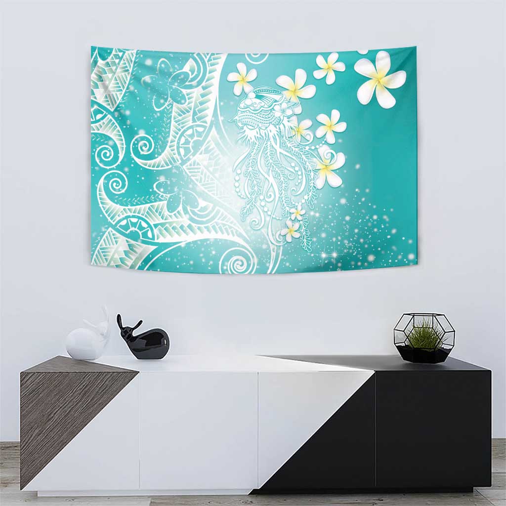 Polynesian Jellyfish Tapestry With Plumeria Teal