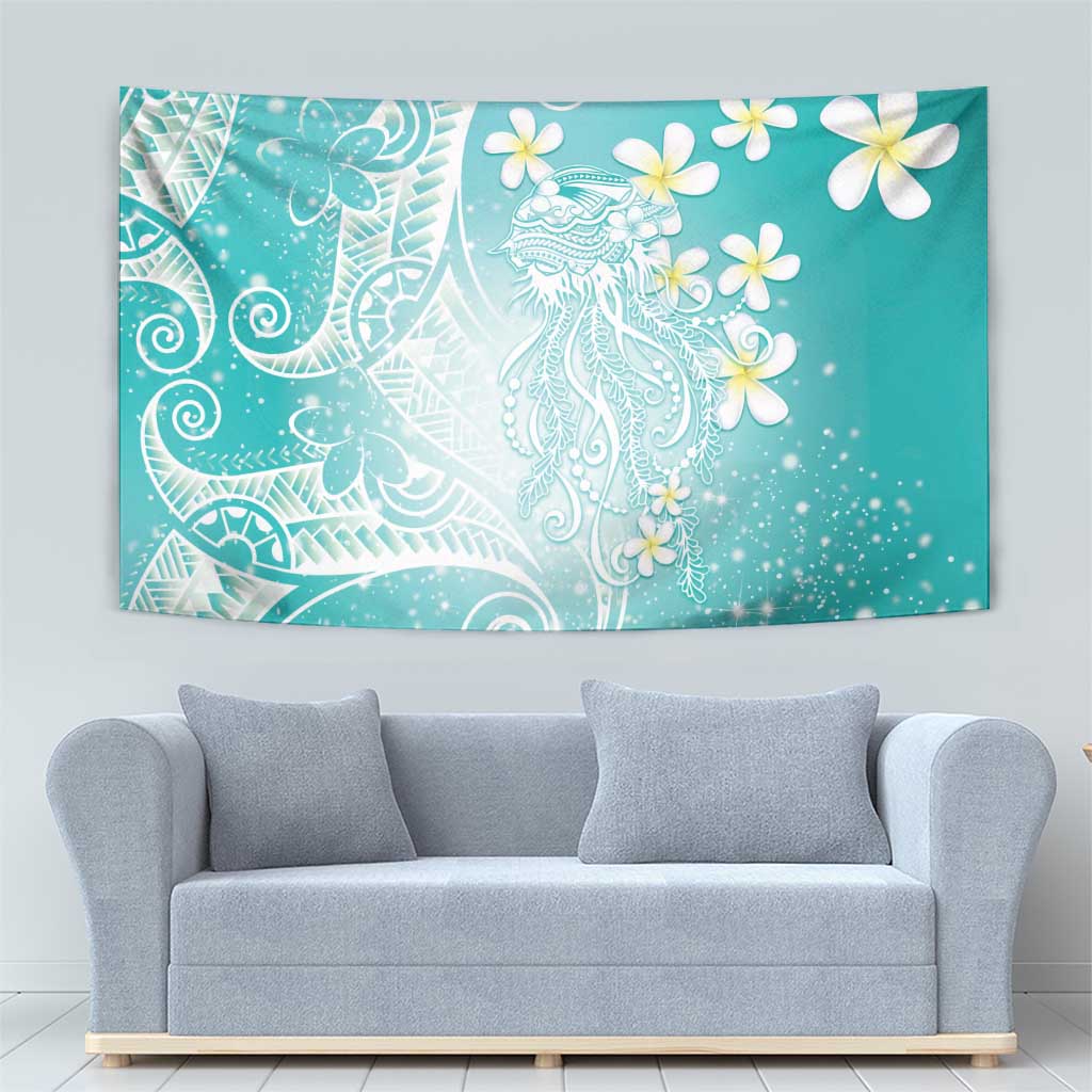Polynesian Jellyfish Tapestry With Plumeria Teal