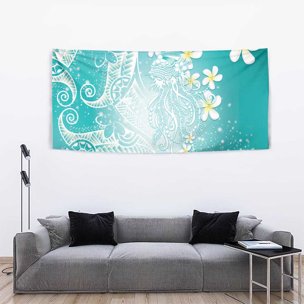 Polynesian Jellyfish Tapestry With Plumeria Teal