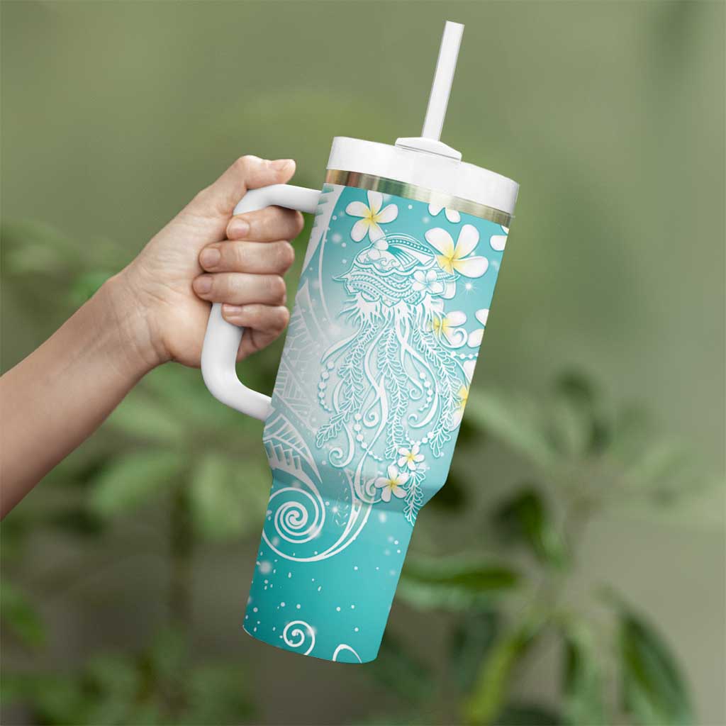 Polynesian Jellyfish Tumbler With Handle With Plumeria Teal
