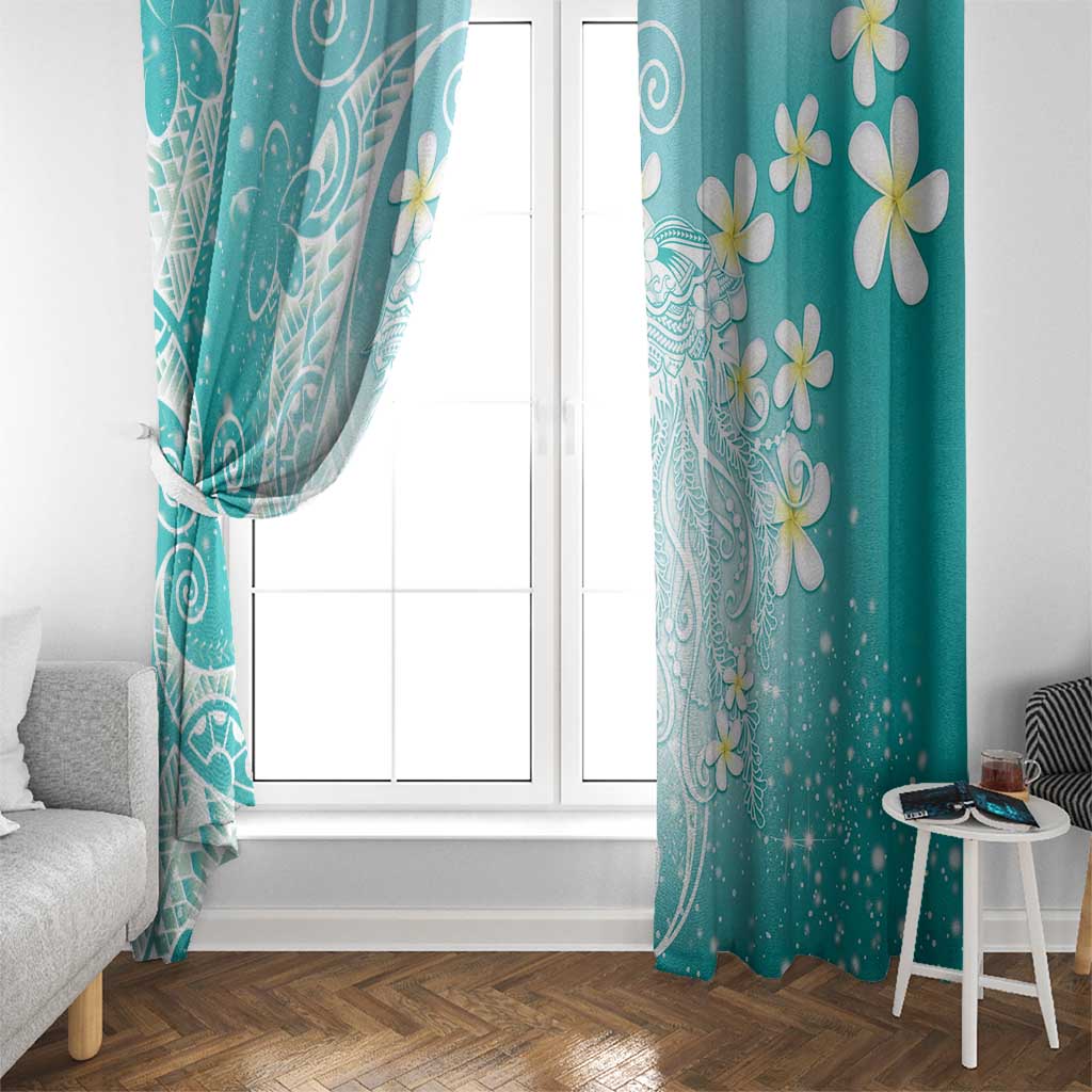 Polynesian Jellyfish Window Curtain With Plumeria Teal
