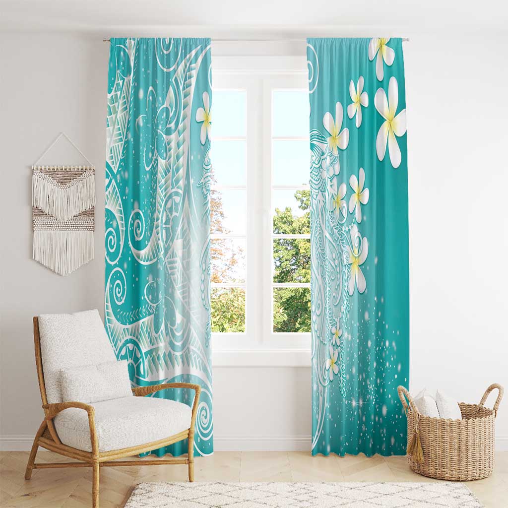 Polynesian Jellyfish Window Curtain With Plumeria Teal