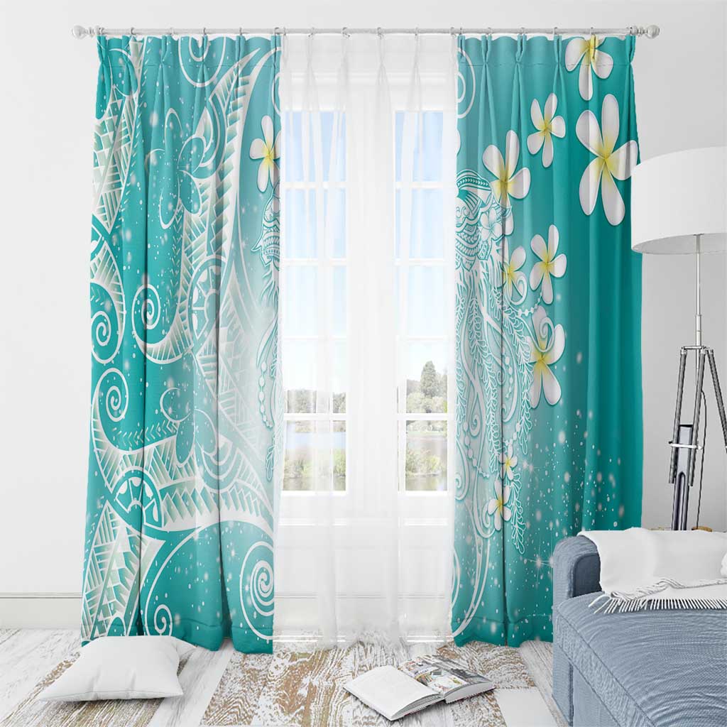 Polynesian Jellyfish Window Curtain With Plumeria Teal
