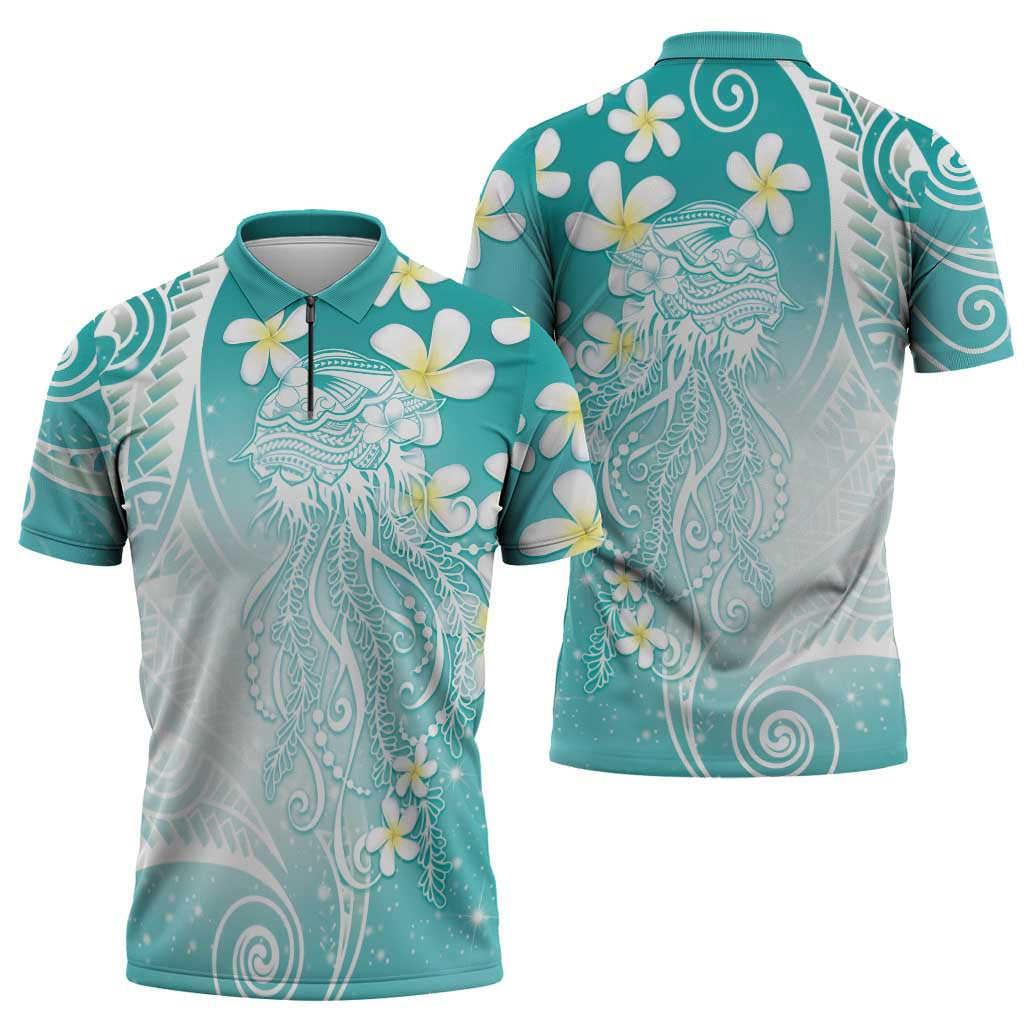 Polynesian Jellyfish Zipper Polo Shirt With Plumeria Teal LT05 - Polynesian Pride