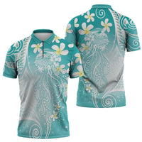 Polynesian Jellyfish Zipper Polo Shirt With Plumeria Teal LT05 - Polynesian Pride