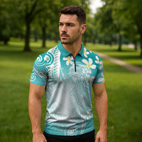 Polynesian Jellyfish Zipper Polo Shirt With Plumeria Teal LT05 - Polynesian Pride