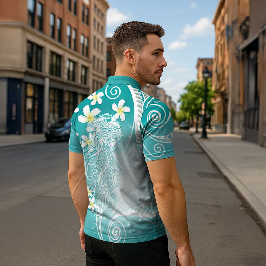 Polynesian Jellyfish Zipper Polo Shirt With Plumeria Teal LT05 - Polynesian Pride