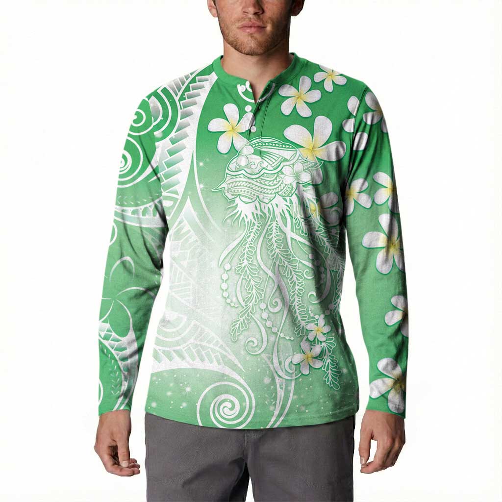 Polynesian Jellyfish Button Sweatshirt With Plumeria Green