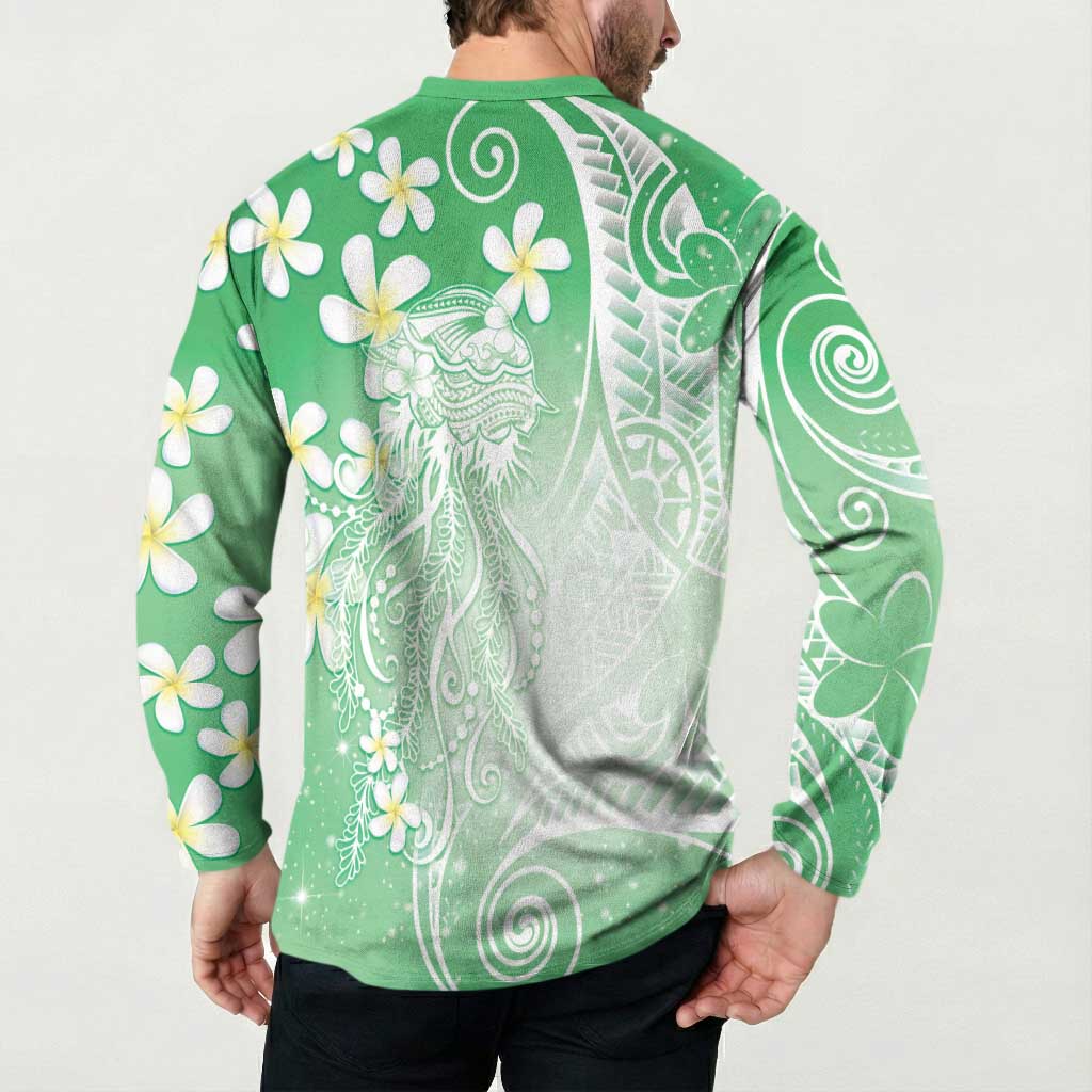 Polynesian Jellyfish Button Sweatshirt With Plumeria Green