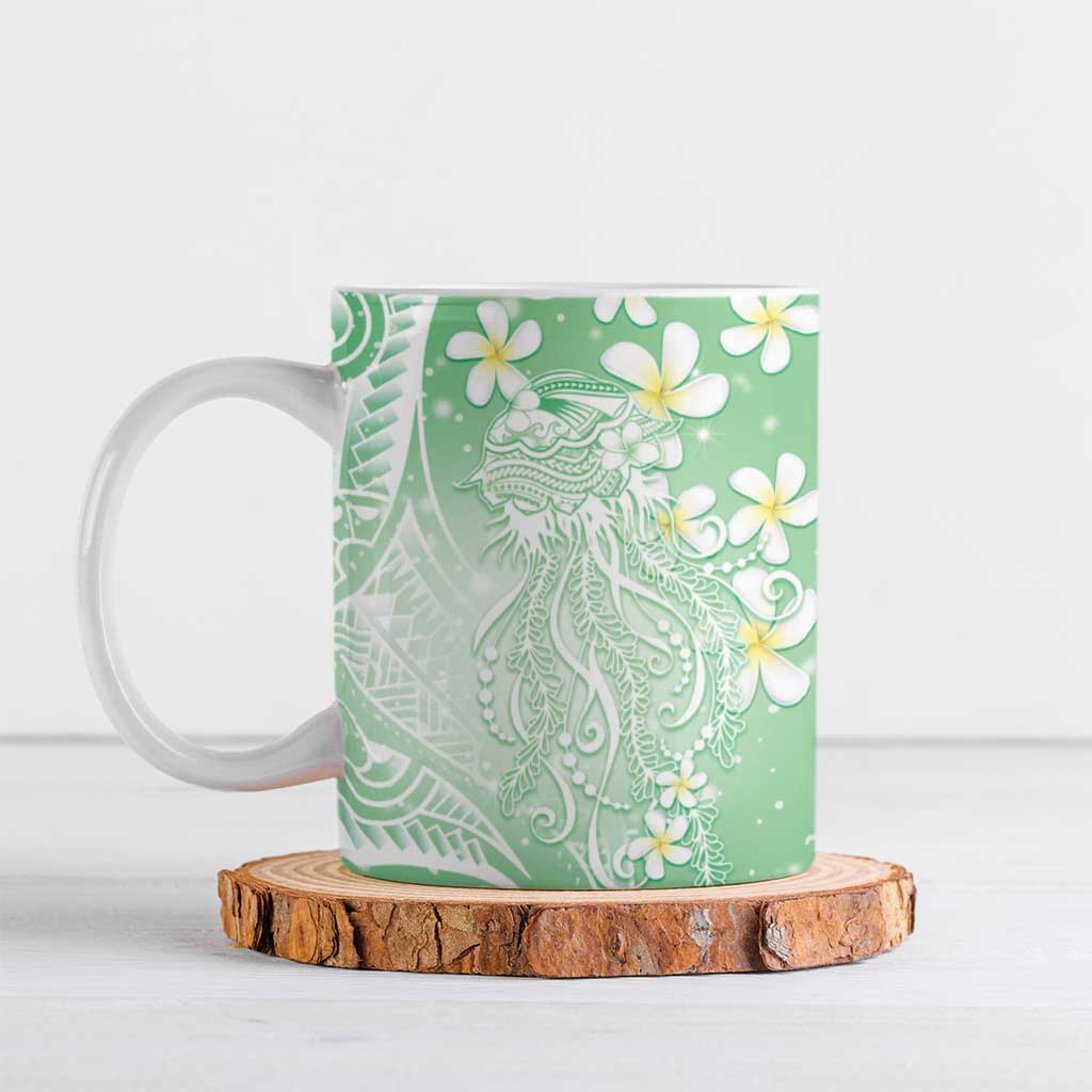 Polynesian Jellyfish Ceramic Mug With Plumeria Green