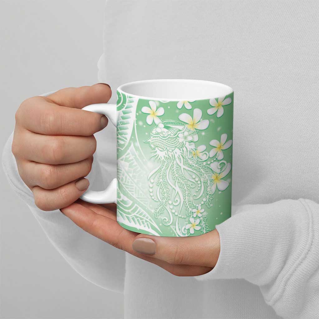 Polynesian Jellyfish Ceramic Mug With Plumeria Green