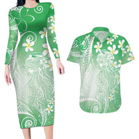 Polynesian Jellyfish Couples Matching Long Sleeve Bodycon Dress and Hawaiian Shirt With Plumeria Green LT05 Green - Polynesian Pride