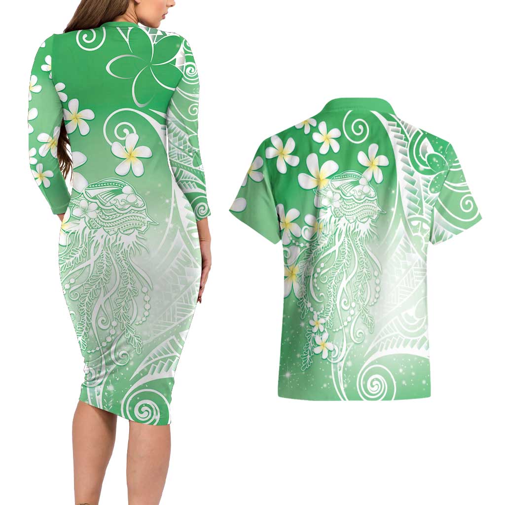 Polynesian Jellyfish Couples Matching Long Sleeve Bodycon Dress and Hawaiian Shirt With Plumeria Green LT05 - Polynesian Pride