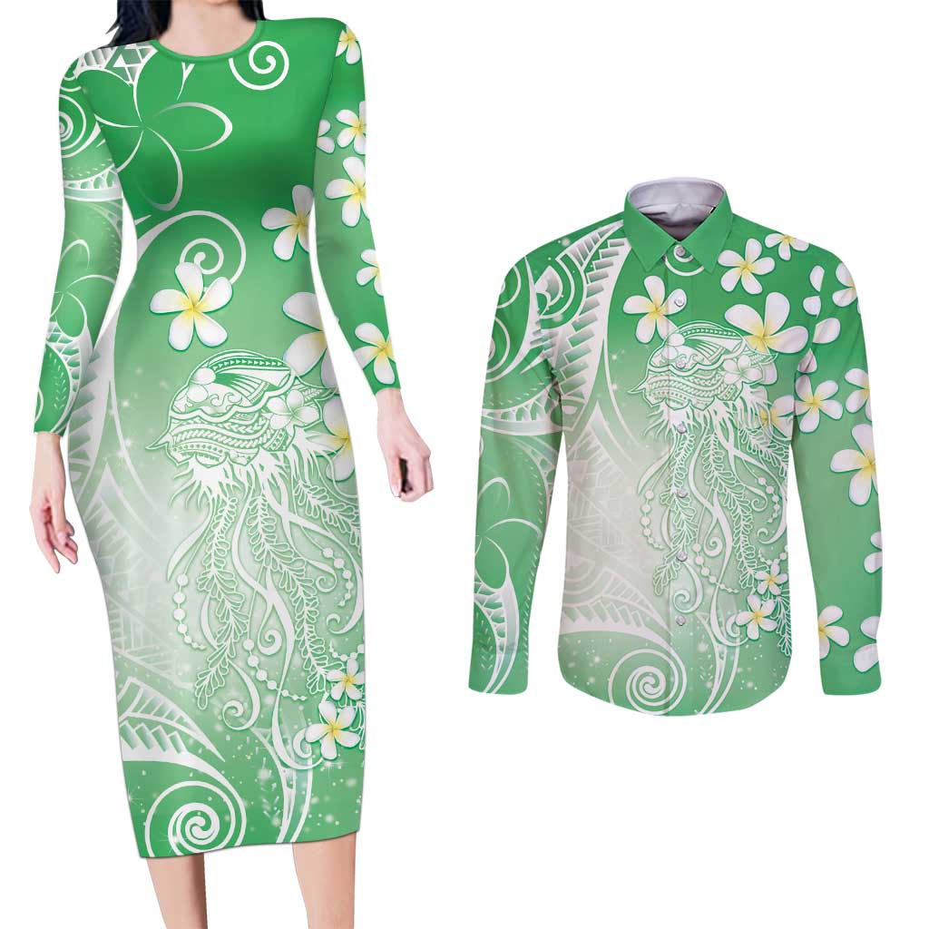Polynesian Jellyfish Couples Matching Long Sleeve Bodycon Dress and Long Sleeve Button Shirt With Plumeria Green LT05 Green - Polynesian Pride