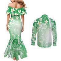 Polynesian Jellyfish Couples Matching Mermaid Dress and Long Sleeve Button Shirt With Plumeria Green LT05 - Polynesian Pride