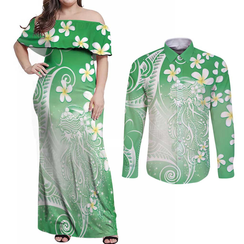 Polynesian Jellyfish Couples Matching Off Shoulder Maxi Dress and Long Sleeve Button Shirt With Plumeria Green LT05 Green - Polynesian Pride