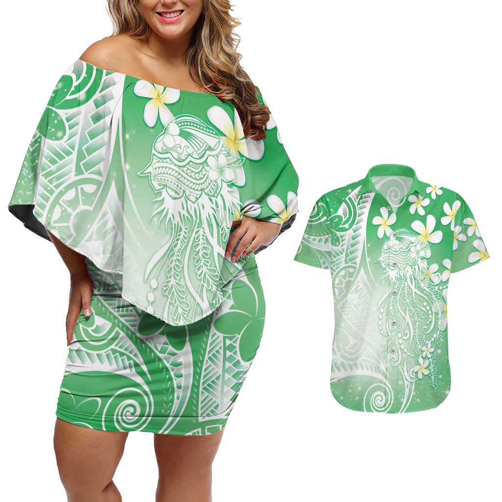 Polynesian Jellyfish Couples Matching Off Shoulder Short Dress and Hawaiian Shirt With Plumeria Green