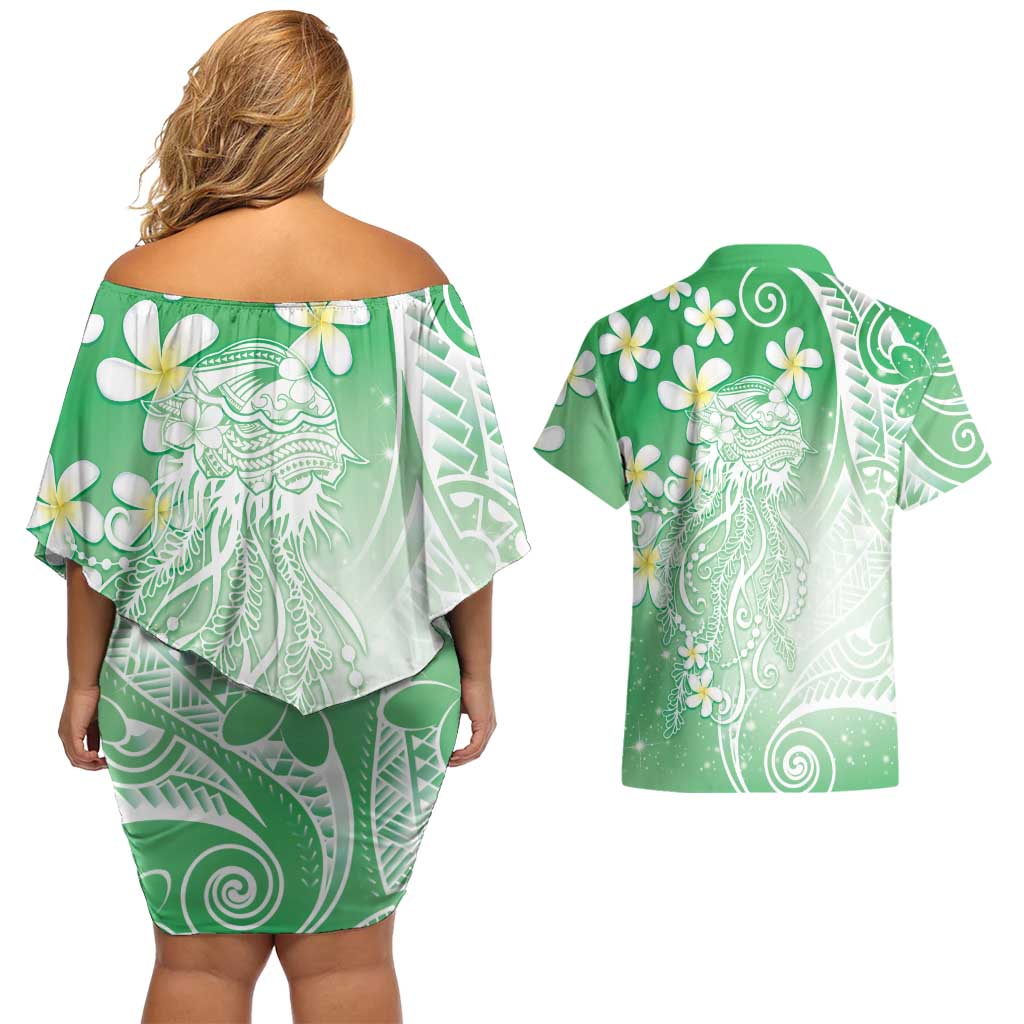 Polynesian Jellyfish Couples Matching Off Shoulder Short Dress and Hawaiian Shirt With Plumeria Green LT05 - Polynesian Pride