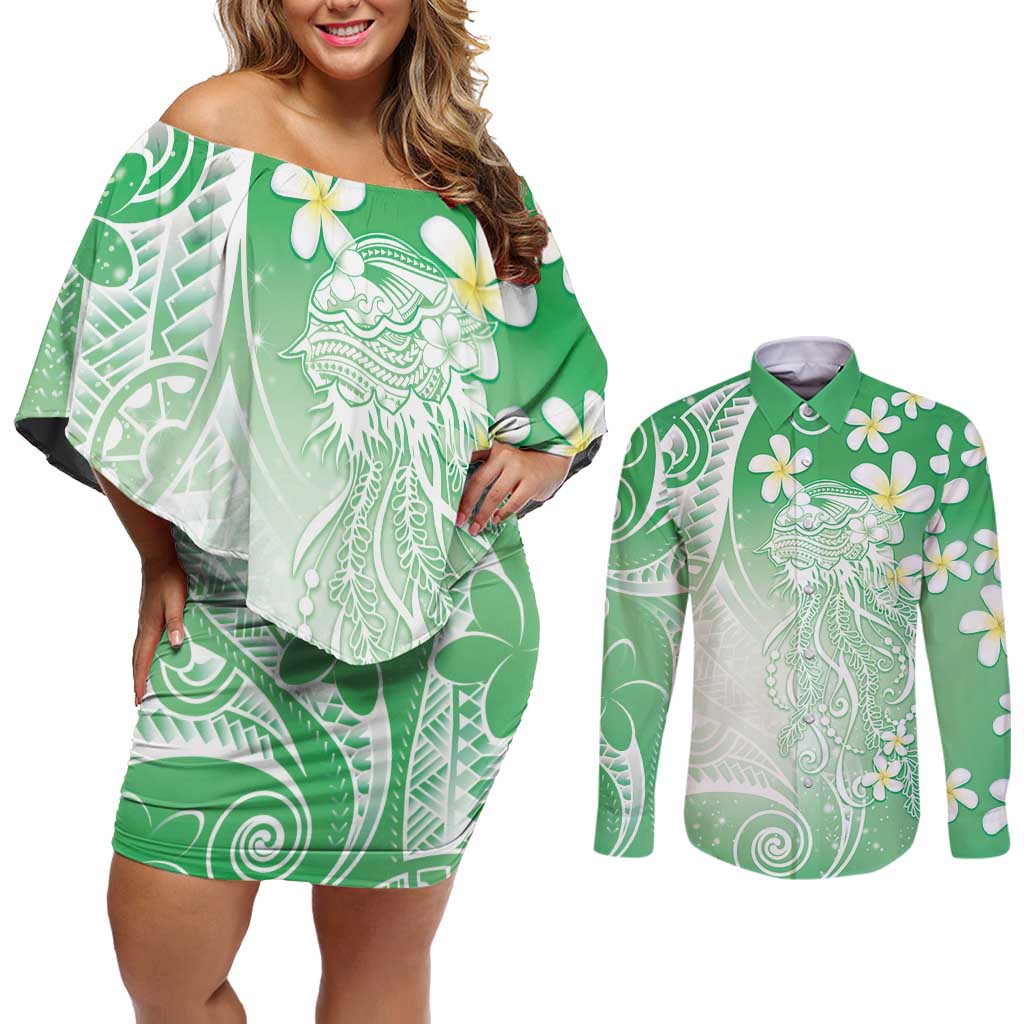 Polynesian Jellyfish Couples Matching Off Shoulder Short Dress and Long Sleeve Button Shirt With Plumeria Green LT05 Green - Polynesian Pride