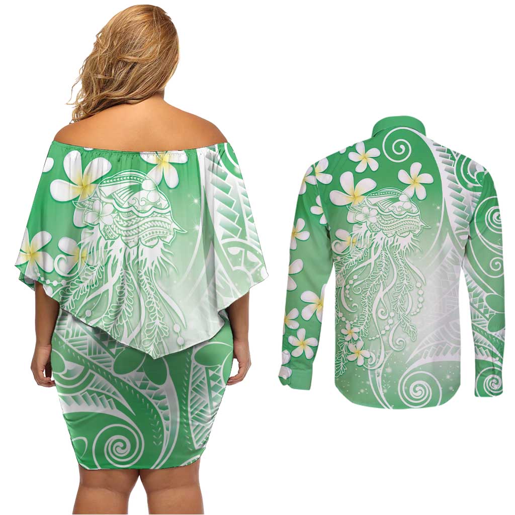 Polynesian Jellyfish Couples Matching Off Shoulder Short Dress and Long Sleeve Button Shirt With Plumeria Green