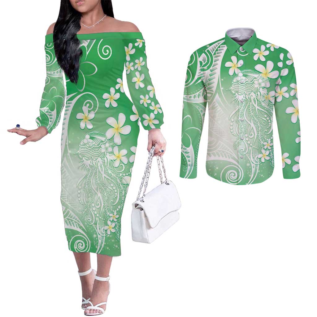 Polynesian Jellyfish Couples Matching Off The Shoulder Long Sleeve Dress and Long Sleeve Button Shirt With Plumeria Green LT05 Green - Polynesian Pride
