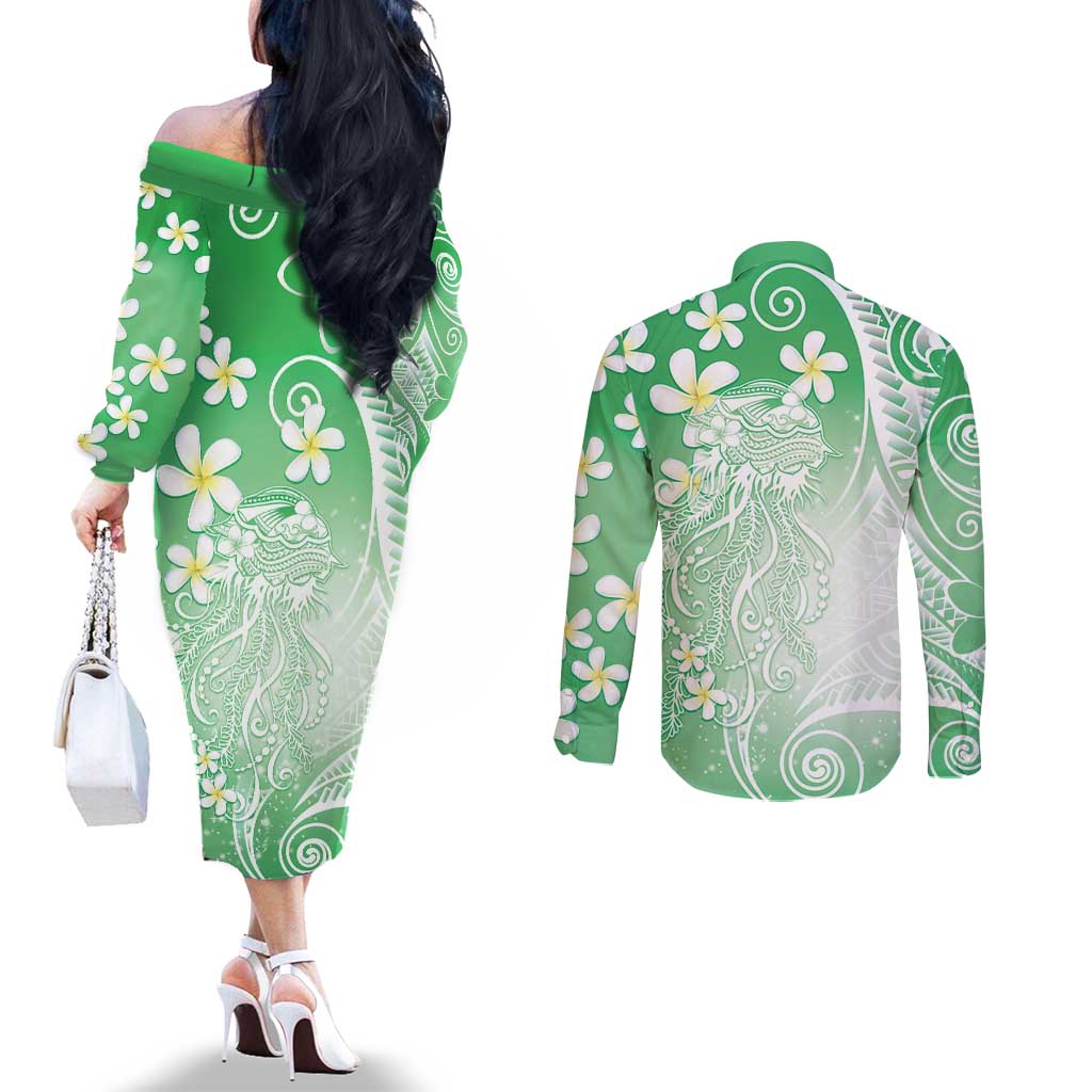 Polynesian Jellyfish Couples Matching Off The Shoulder Long Sleeve Dress and Long Sleeve Button Shirt With Plumeria Green LT05 - Polynesian Pride