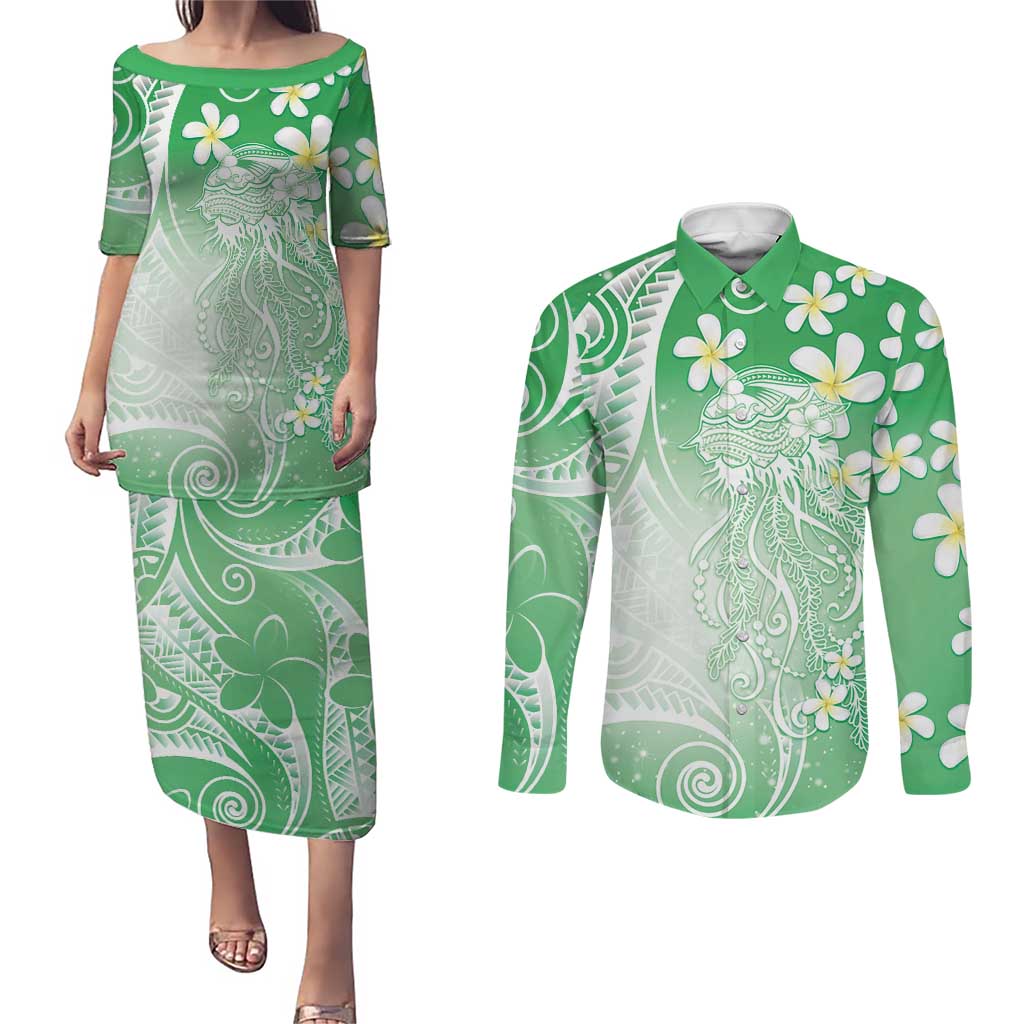 Polynesian Jellyfish Couples Matching Puletasi and Long Sleeve Button Shirt With Plumeria Green LT05 Green - Polynesian Pride