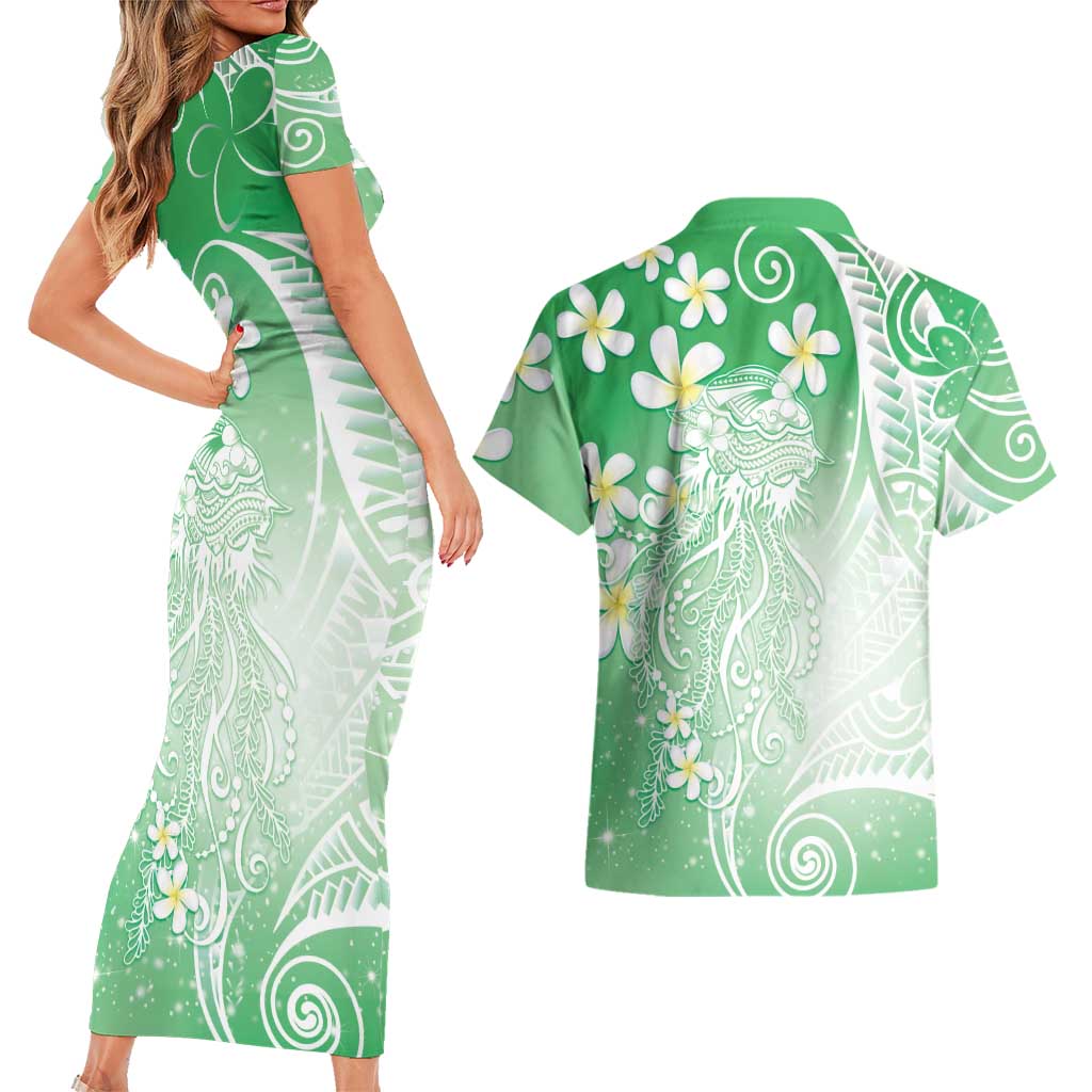 Polynesian Jellyfish Couples Matching Short Sleeve Bodycon Dress and Hawaiian Shirt With Plumeria Green LT05 - Polynesian Pride