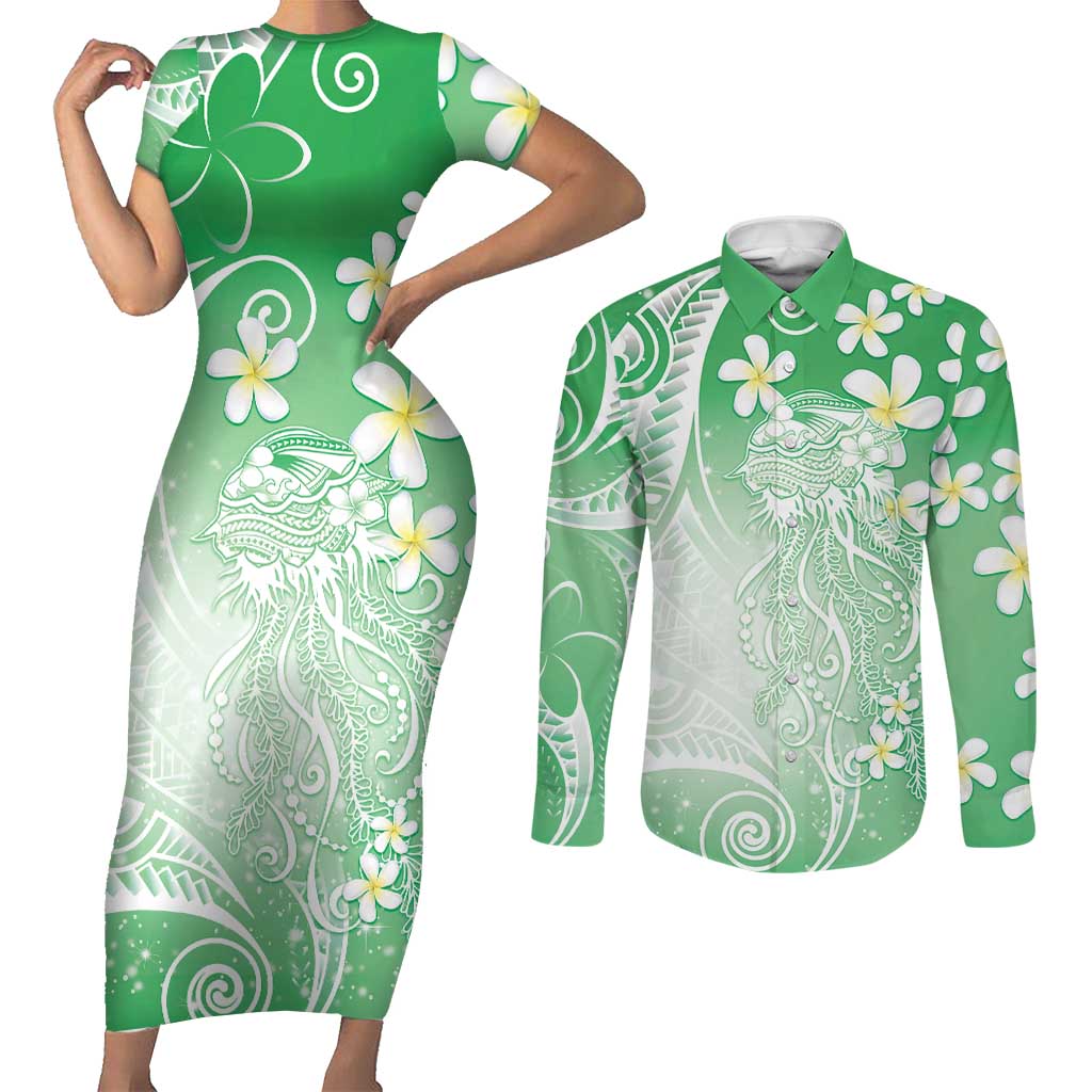 Polynesian Jellyfish Couples Matching Short Sleeve Bodycon Dress and Long Sleeve Button Shirt With Plumeria Green LT05 Green - Polynesian Pride