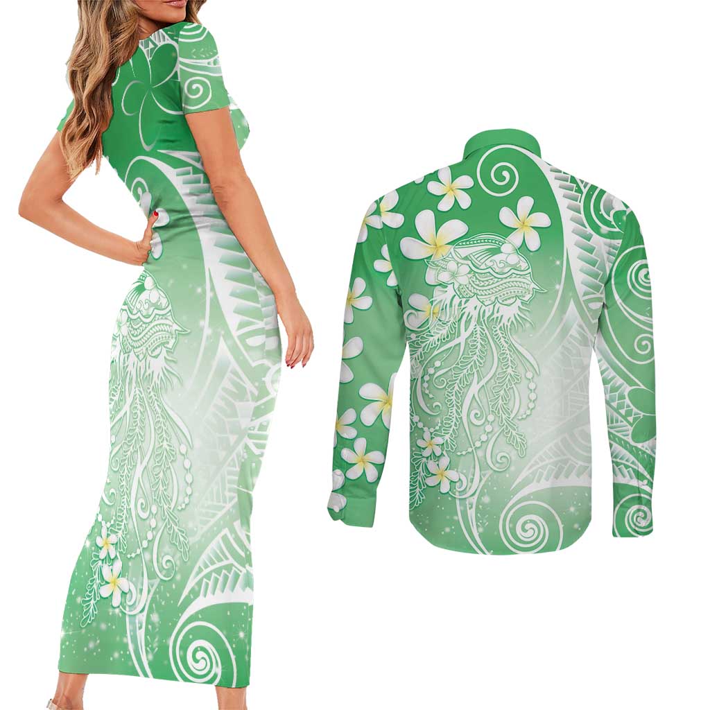 Polynesian Jellyfish Couples Matching Short Sleeve Bodycon Dress and Long Sleeve Button Shirt With Plumeria Green LT05 - Polynesian Pride