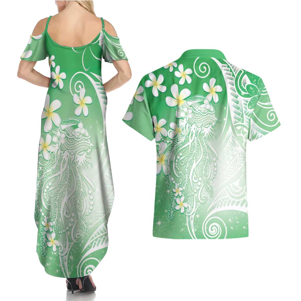 Polynesian Jellyfish Couples Matching Summer Maxi Dress and Hawaiian Shirt With Plumeria Green LT05 - Polynesian Pride