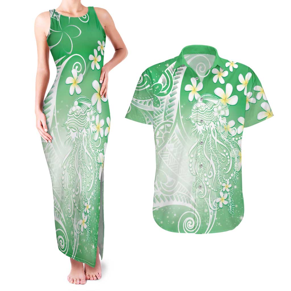 Polynesian Jellyfish Couples Matching Tank Maxi Dress and Hawaiian Shirt With Plumeria Green LT05 Green - Polynesian Pride