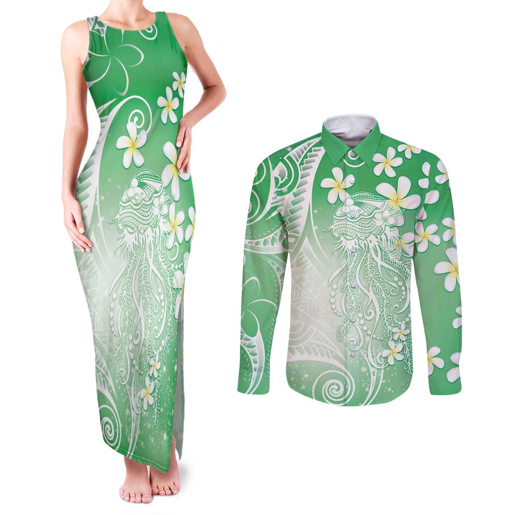Polynesian Jellyfish Couples Matching Tank Maxi Dress and Long Sleeve Button Shirt With Plumeria Green LT05 Green - Polynesian Pride