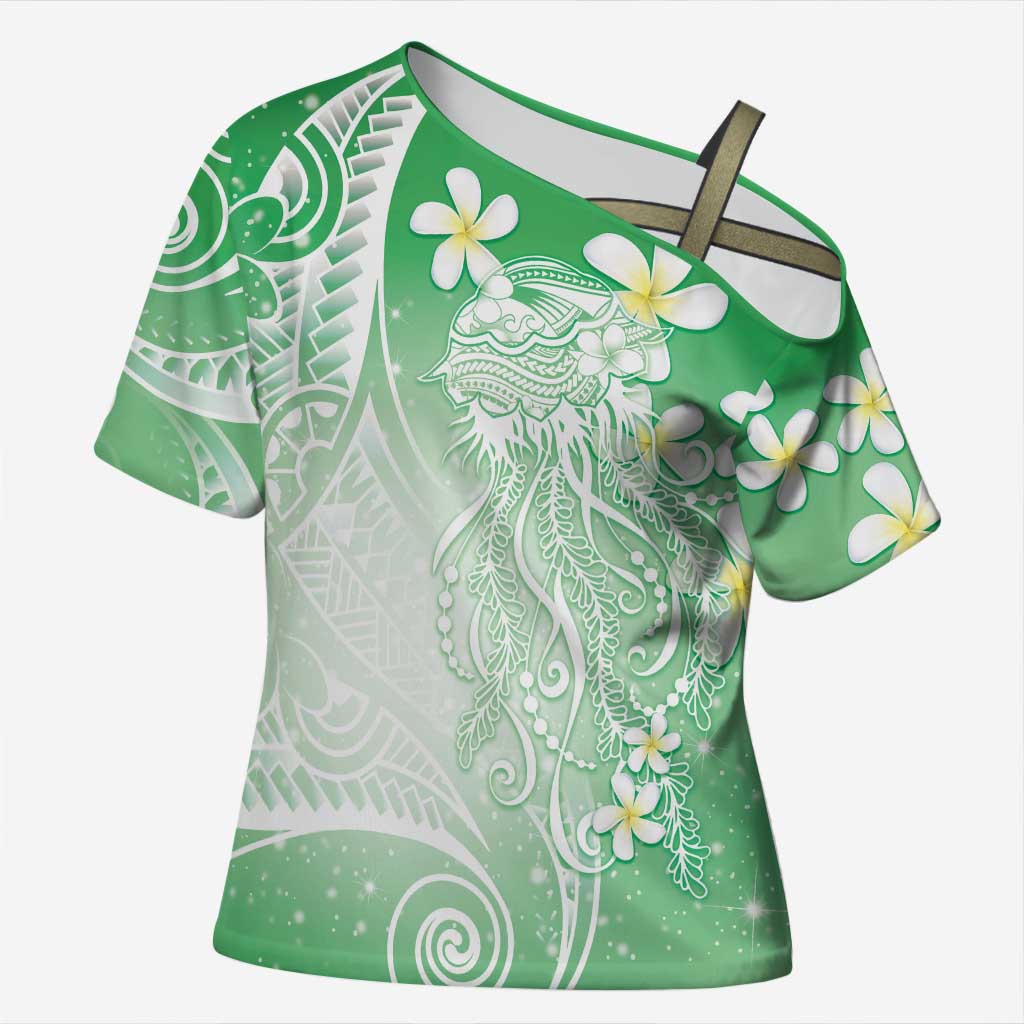 Polynesian Jellyfish Cross Shoulder Shirt With Plumeria Green LT05 Female Green - Polynesian Pride