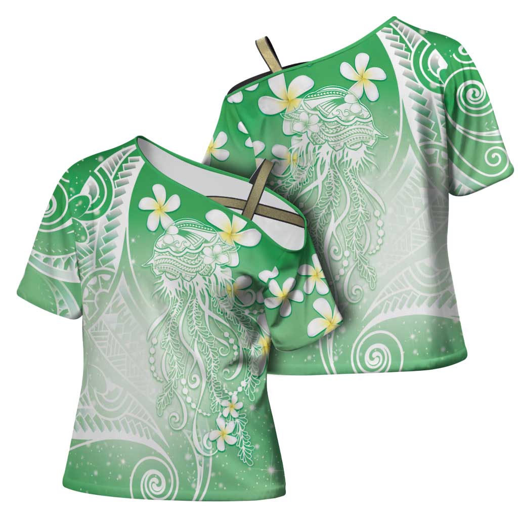 Polynesian Jellyfish Cross Shoulder Shirt With Plumeria Green LT05 - Polynesian Pride