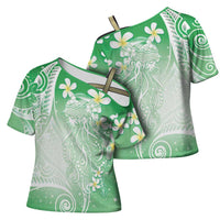 Polynesian Jellyfish Cross Shoulder Shirt With Plumeria Green LT05 - Polynesian Pride