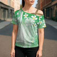 Polynesian Jellyfish Cross Shoulder Shirt With Plumeria Green LT05 - Polynesian Pride
