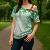 Polynesian Jellyfish Cross Shoulder Shirt With Plumeria Green LT05 - Polynesian Pride