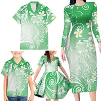 Polynesian Jellyfish Family Matching Long Sleeve Bodycon Dress and Hawaiian Shirt With Plumeria Green LT05 - Polynesian Pride