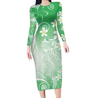 Polynesian Jellyfish Family Matching Long Sleeve Bodycon Dress and Hawaiian Shirt With Plumeria Green LT05 Mom's Dress Green - Polynesian Pride