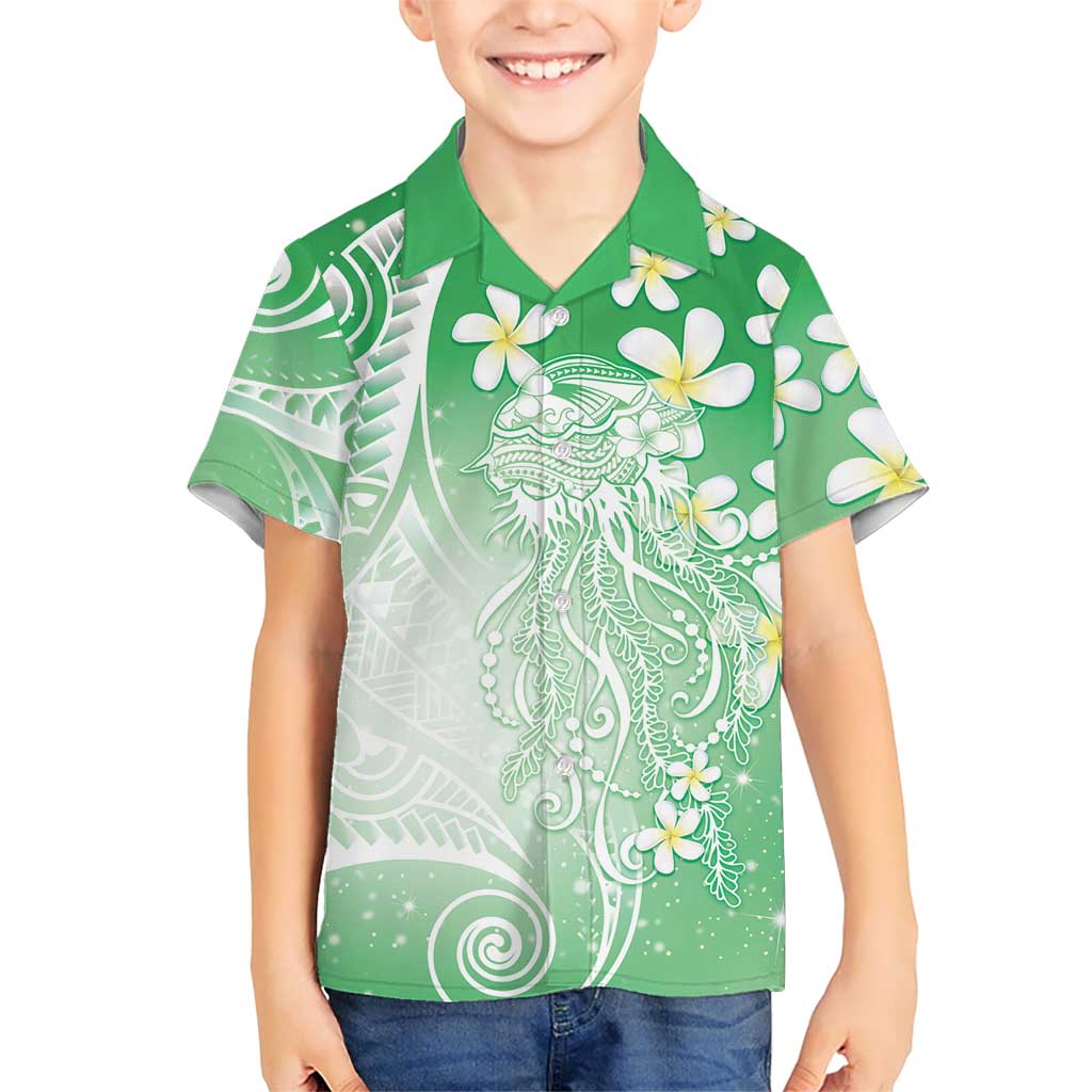 Polynesian Jellyfish Family Matching Long Sleeve Bodycon Dress and Hawaiian Shirt With Plumeria Green LT05 Son's Shirt Green - Polynesian Pride