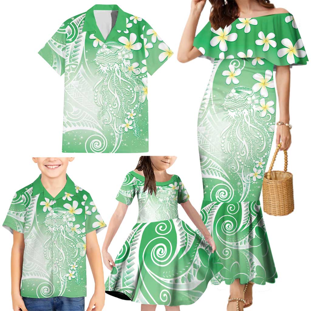 Polynesian Jellyfish Family Matching Mermaid Dress and Hawaiian Shirt With Plumeria Green LT05 - Polynesian Pride