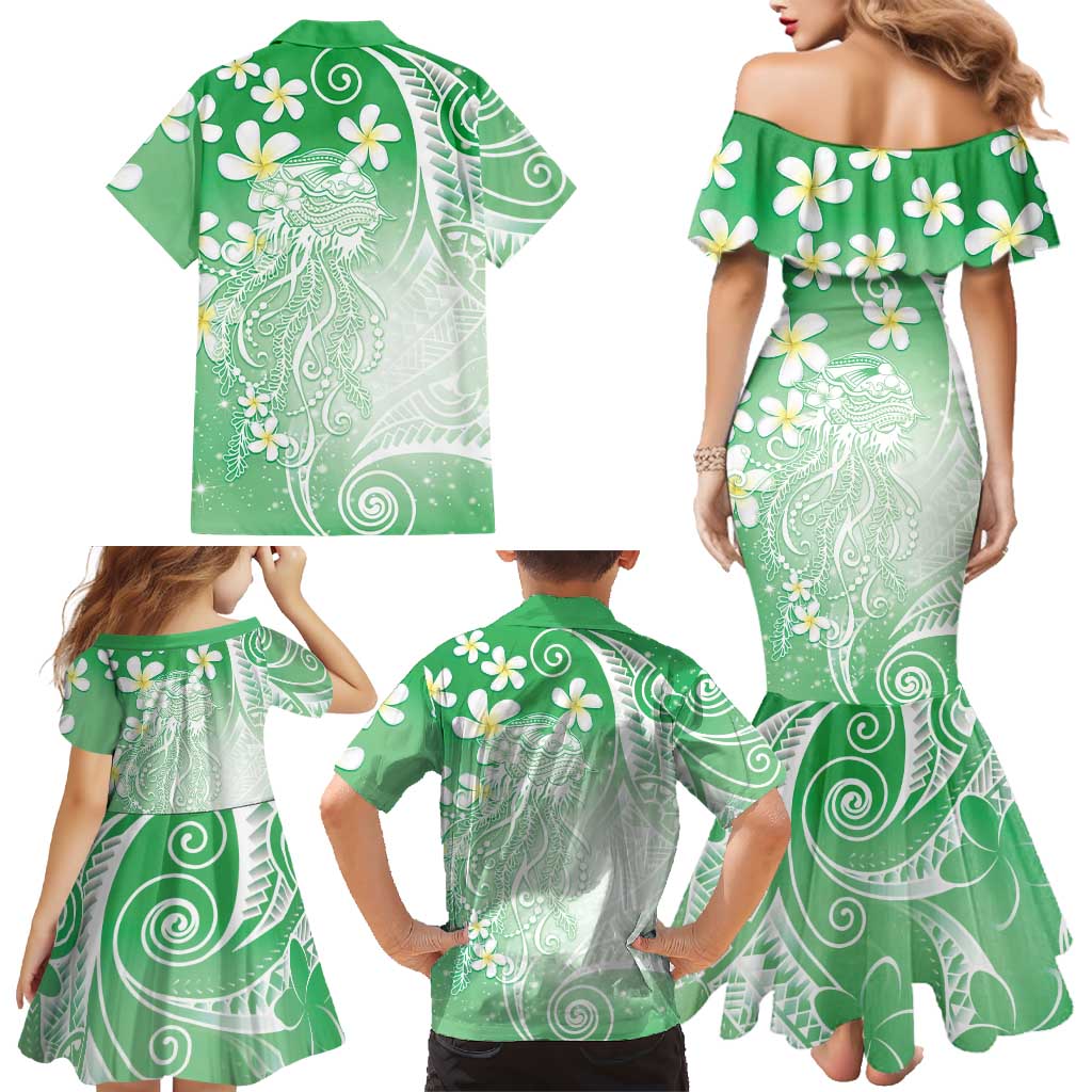 Polynesian Jellyfish Family Matching Mermaid Dress and Hawaiian Shirt With Plumeria Green LT05 - Polynesian Pride