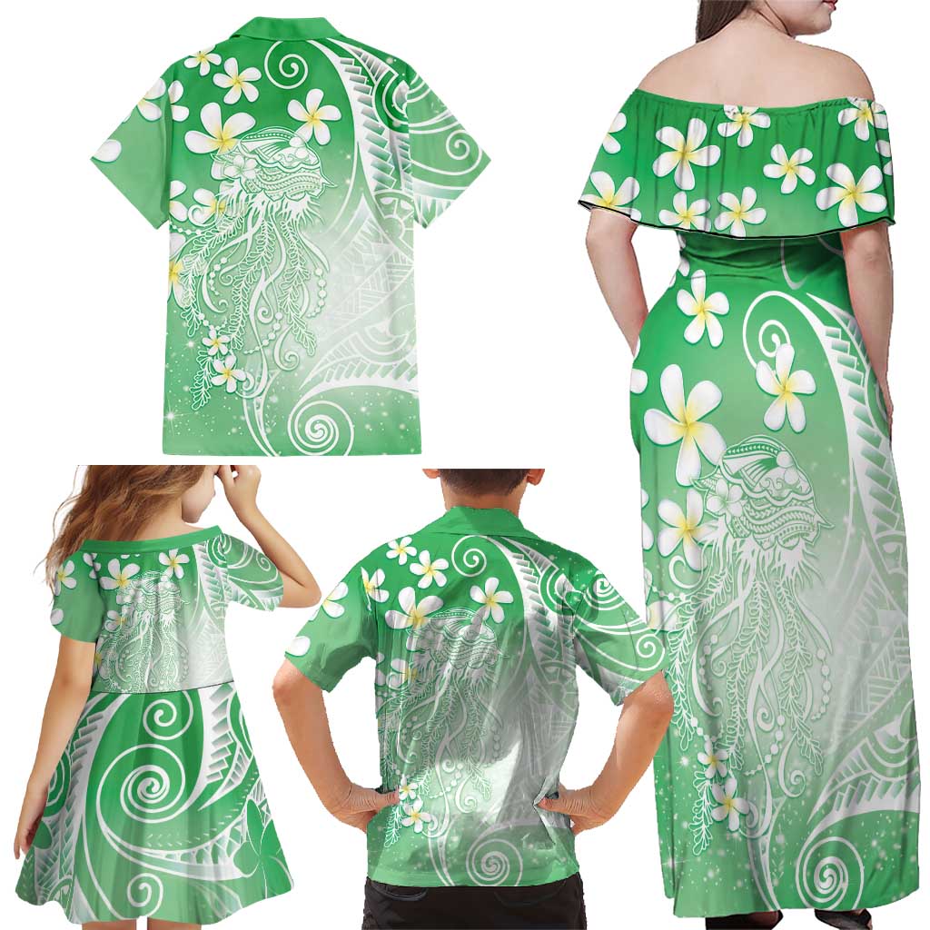 Polynesian Jellyfish Family Matching Off Shoulder Maxi Dress and Hawaiian Shirt With Plumeria Green LT05 - Polynesian Pride