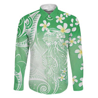 Polynesian Jellyfish Family Matching Off Shoulder Maxi Dress and Hawaiian Shirt With Plumeria Green LT05 Dad's Shirt - Long Sleeve Green - Polynesian Pride