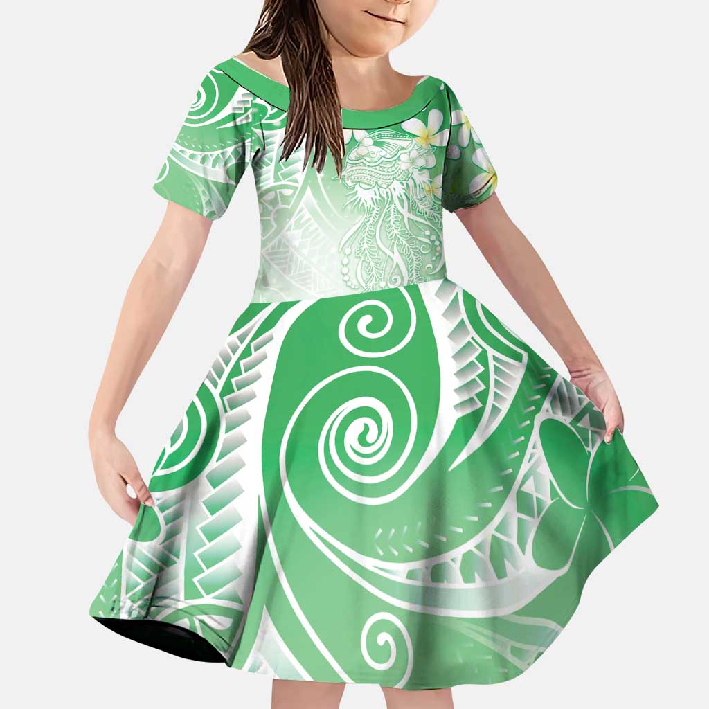 Polynesian Jellyfish Family Matching Off Shoulder Short Dress and Hawaiian Shirt With Plumeria Green LT05 Daughter's Dress Green - Polynesian Pride