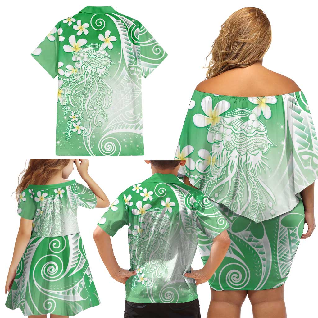 Polynesian Jellyfish Family Matching Off Shoulder Short Dress and Hawaiian Shirt With Plumeria Green LT05 - Polynesian Pride