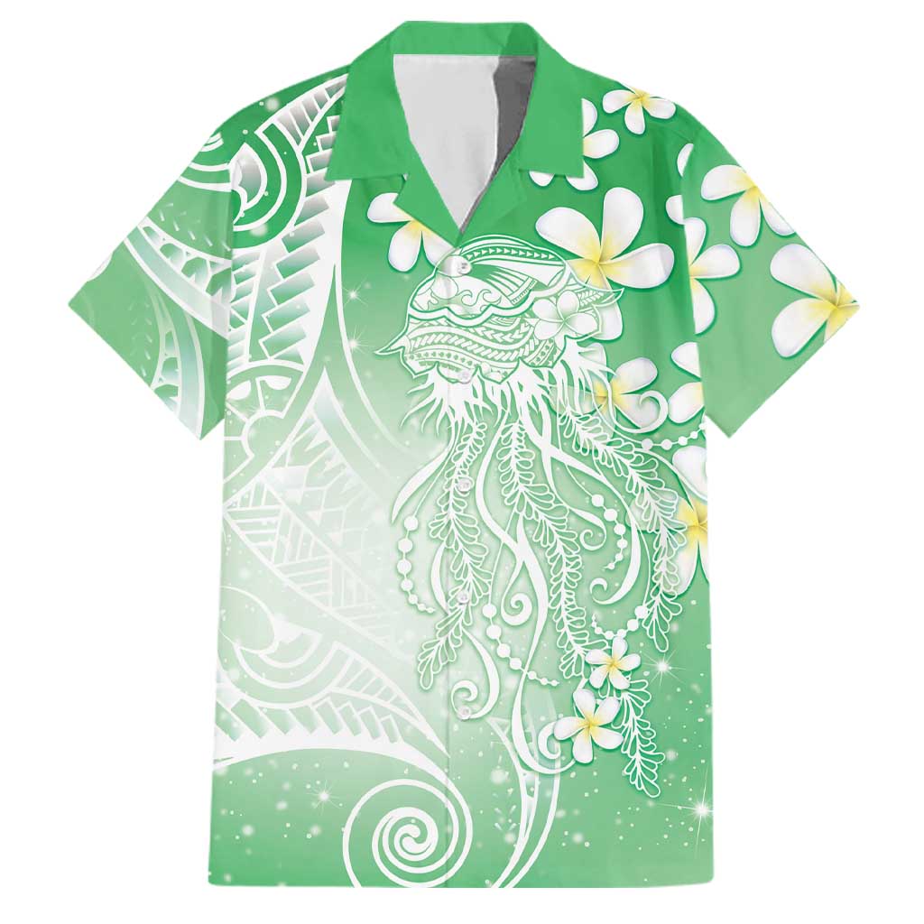 Polynesian Jellyfish Family Matching Off Shoulder Short Dress and Hawaiian Shirt With Plumeria Green LT05 Dad's Shirt - Short Sleeve Green - Polynesian Pride